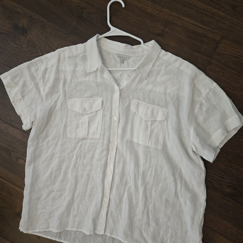 Lucky Brand Womens White Linen Button Down Short Sleeve Shirt Size XL